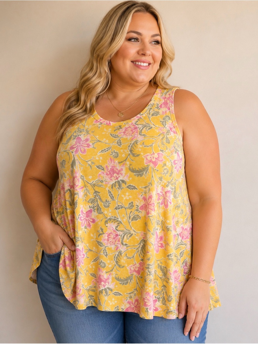 ODDI Yellow Floral Sleeveless Swing Tank Top Women’s 3X Fits Like 2X USA Made